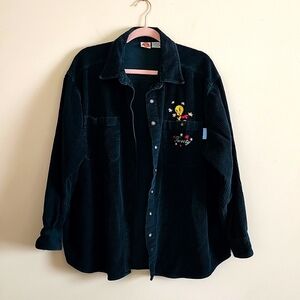 Looney Tunes Shirt Size XL Vintage Tweety Bird Hunter Green Corduroy Button-Up